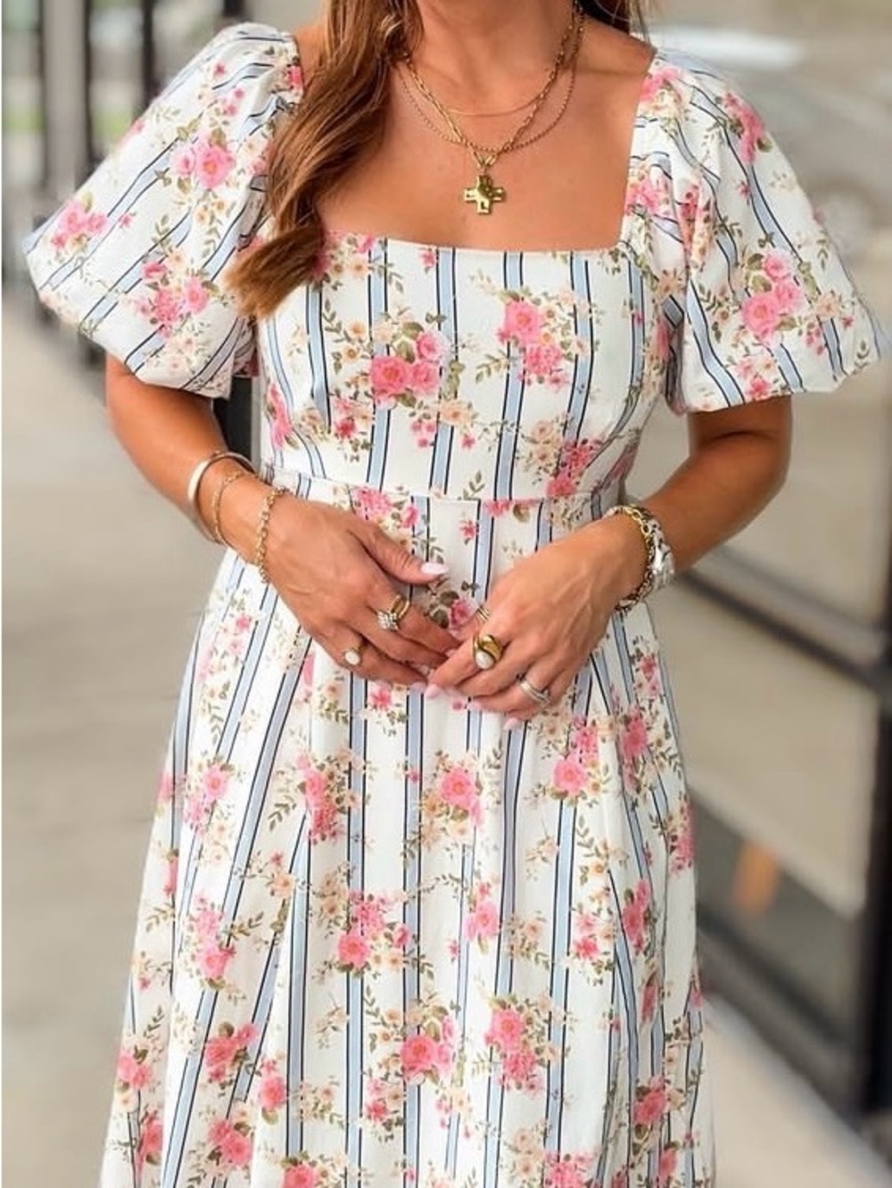 Stripes and Petals Cream Midi Dress by the brand Entro